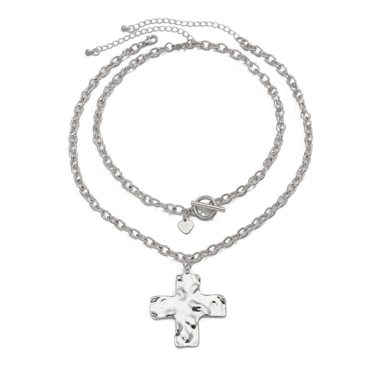 Collana con Ciondoli a Croce e Cuore in Stile Punk in Lega, Finitura Galvanizzata e Design a Catena Irregolare