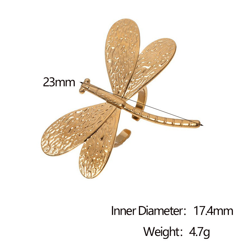 Minimalist Dragonfly-Shaped Stainless Steel Open Ring with Gold Plating for Women