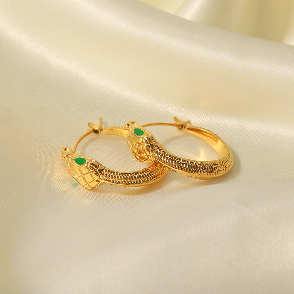 Geometric Snake-Shaped Stainless Steel Earrings for Women with Green Crystal Eyes, Hypoallergenic and Fade-Resistant