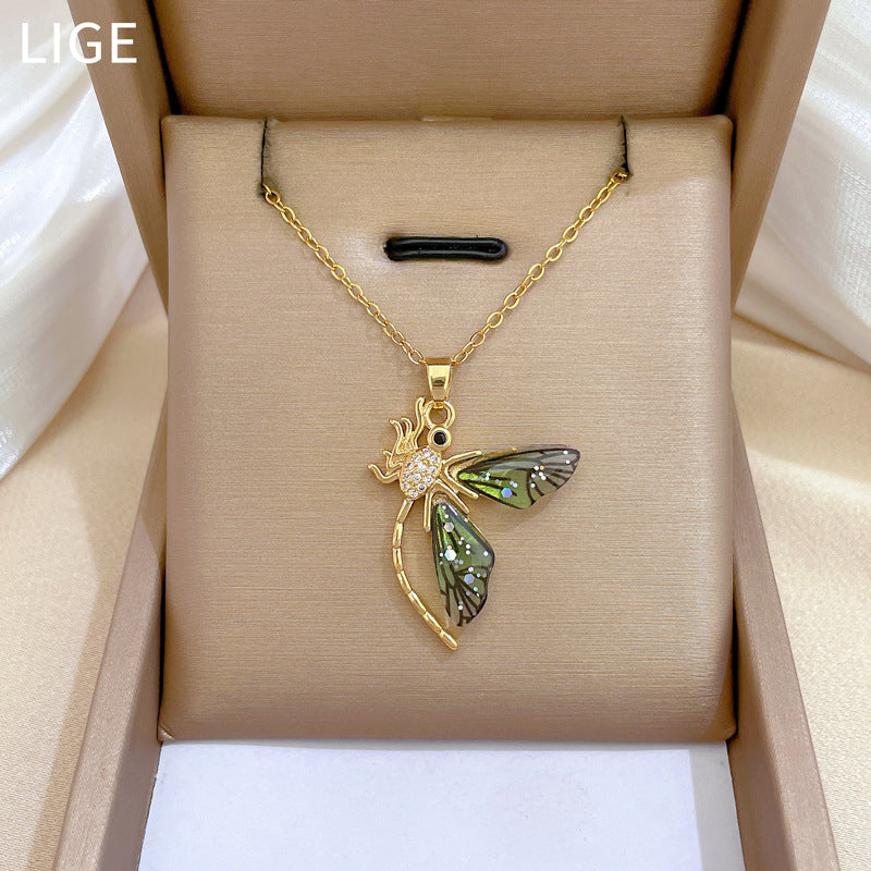 Collana di lusso in acciaio al titanio con farfalla geometrica e strass, unisex