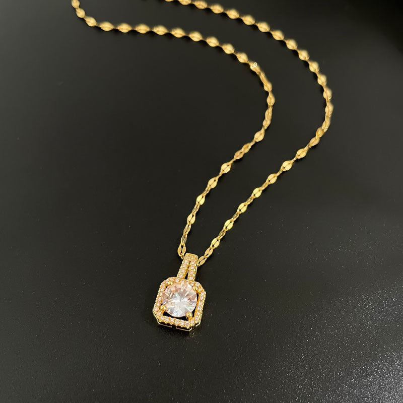 Minimalist Geometric Titanium Steel Necklace with Gold Plated Brass Pendant and Rhinestone Inlay