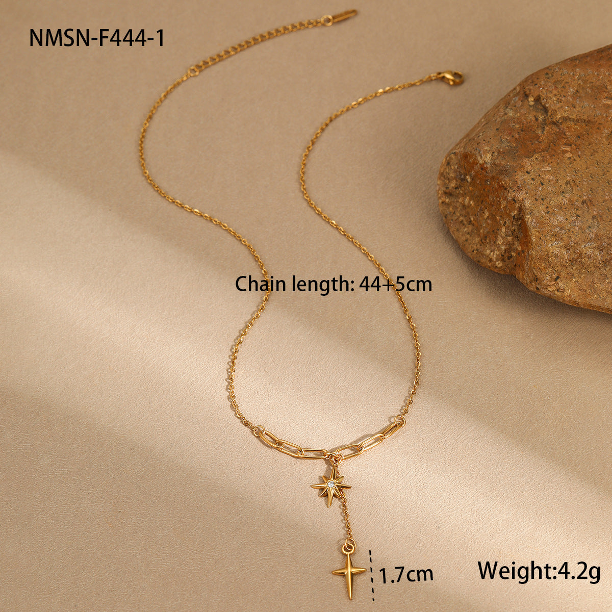Minimalist Clavicle Necklace with Eight-Pointed Star Pendant, Rhinestone Inlay, Stainless Steel, Plated Finish, Tassel and Cross Accents