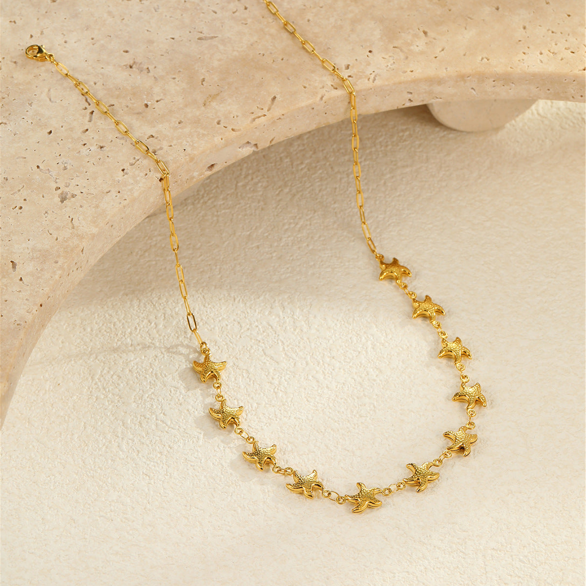 Fashionable Ocean-Themed Hollow Stainless Steel Starfish and Seashell Pendant Necklace with 18K Gold Plating for Women