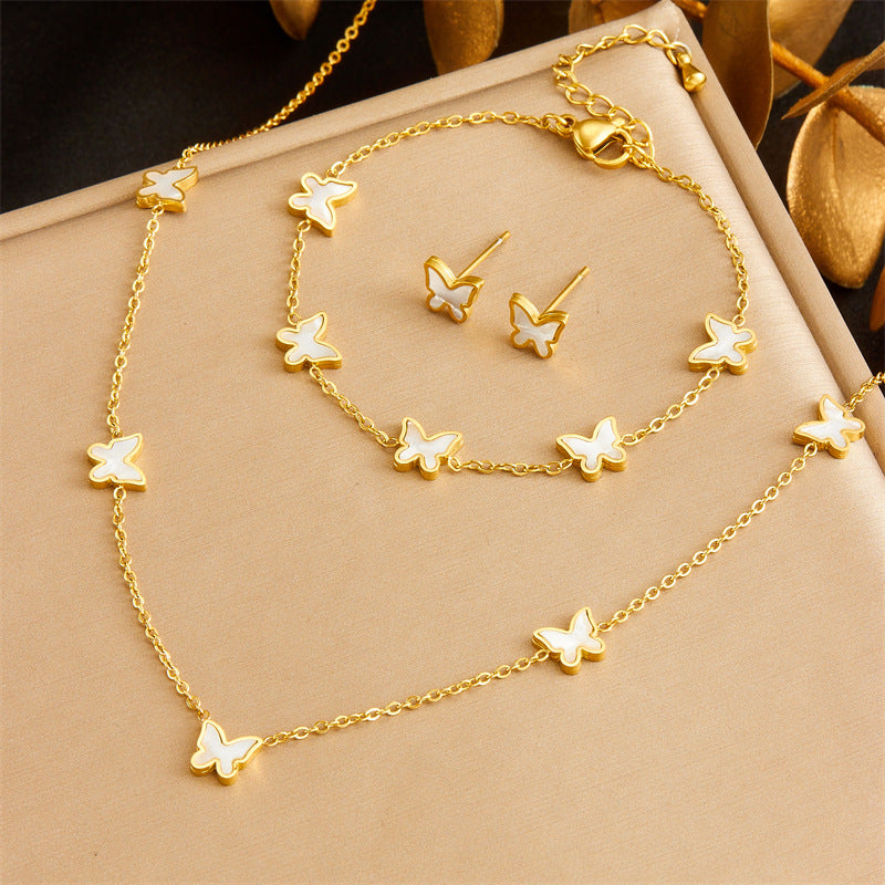 Minimalist Gold Plated Stainless Steel Heart Butterfly Teardrop Pearl Jewelry Set for Women