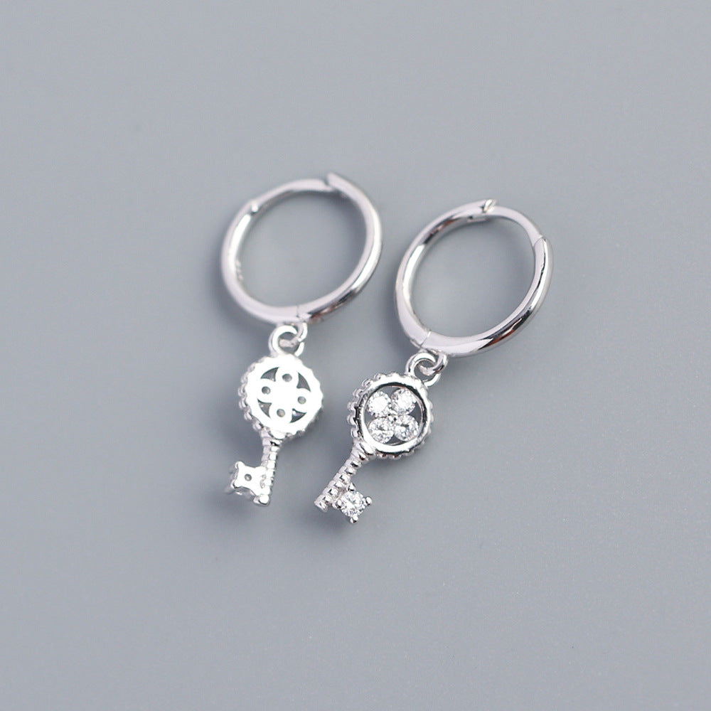 Sweet 925 Sterling Silver Clover Key Hoop Earrings with Rhinestone Inlay