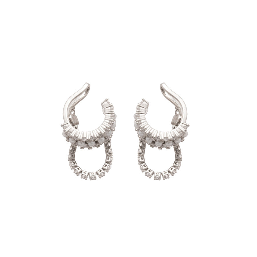 Minimalist Geometric Pearl Stud Earrings for Women with Zircon Inlay Lightweight Luxury Ear Cuffs