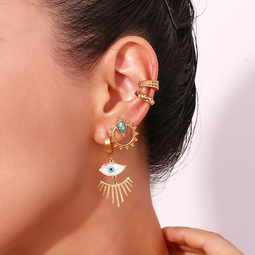 Fashionable Geometric Stainless Steel Ear Cuffs with 18K Gold Plating and White Abalone Inlay Shaped Like Eyes for Women