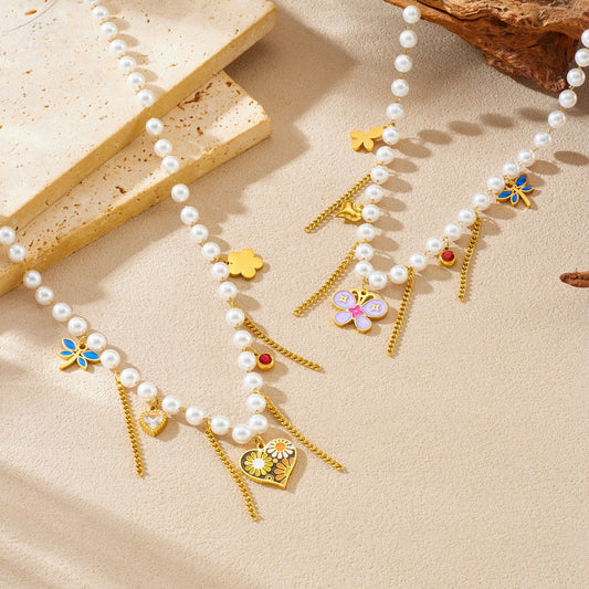 Casual Stainless Steel Plated Heart Butterfly Floral Pendant Ball Chain Necklace with Tassel and Faux Pearl
