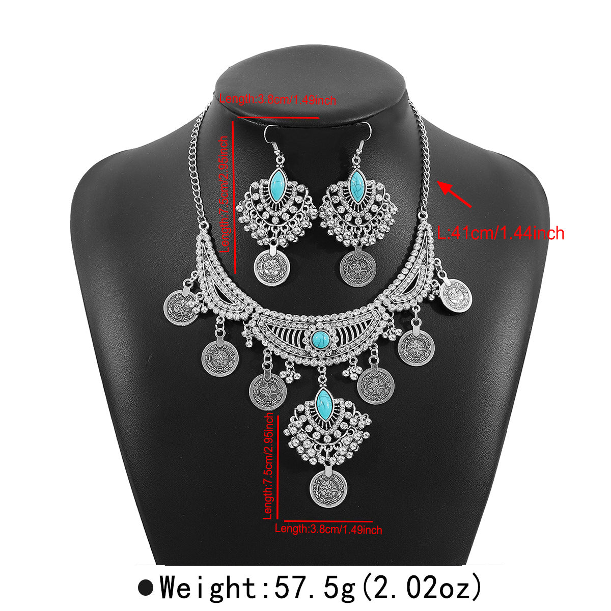 Set Collana e Orecchini Bohemian Vintage con Fantasia Geometrica, Ciondolo Imitazione Perla, Intarsio di Strass, Nappina e Catena Regolare
