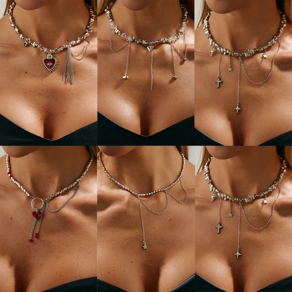 Luxury Business Geometric Heart Cross Turquoise Inlay Alloy Plated Pendant Necklace for Women