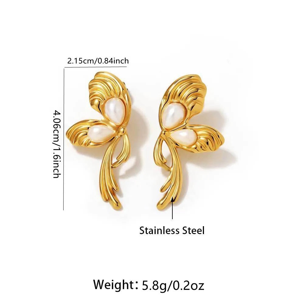 Vintage Butterfly Pearl Stamping Stainless Steel Tassel Earrings for Women