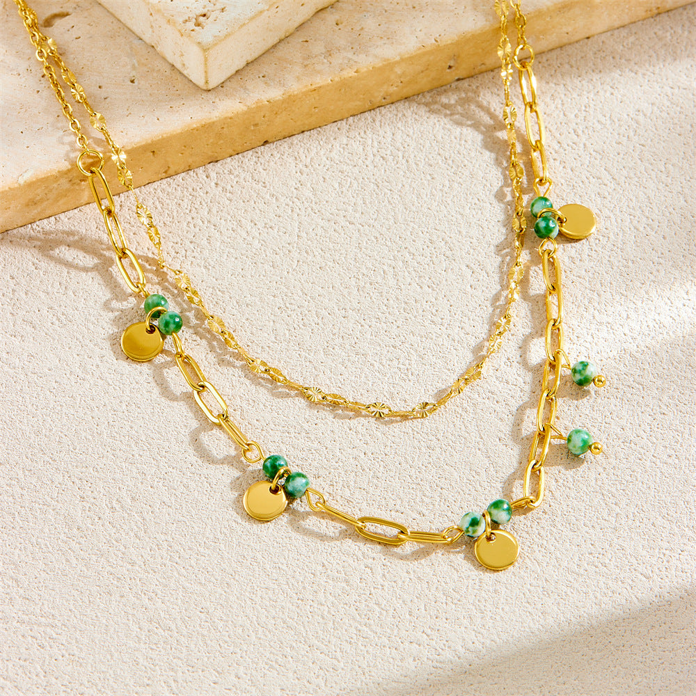 Vintage-Style Geometric Stainless Steel Plated Clavicle Necklace for Women with Double-Layer O-Chain Design