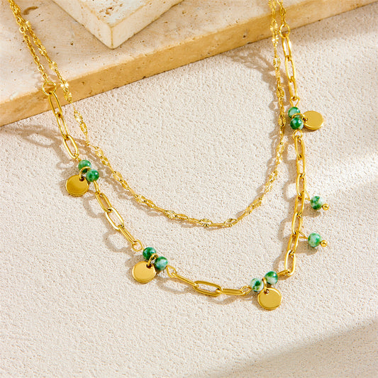 Vintage-Style Geometric Stainless Steel Plated Clavicle Necklace for Women with Double-Layer O-Chain Design