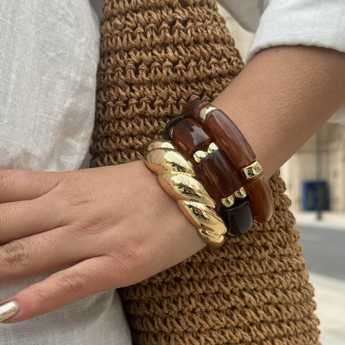 Geometric Gold Plated Alloy Rope Chain Bracelet with Coffee Beads