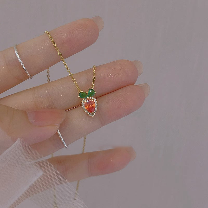 Cute Carrot Pendant Necklace for Women in Titanium Steel with Rhinestone Inlay, Plated Finish, Minimalist Animal Shape Locket Chain