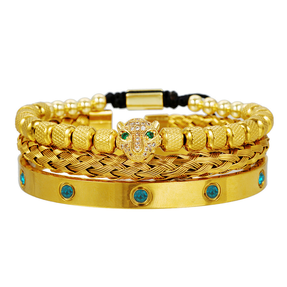 Vintage Geometric Leopard Head Micro-inlaid Cubic Zirconia Woven Stainless Steel Bracelet Set