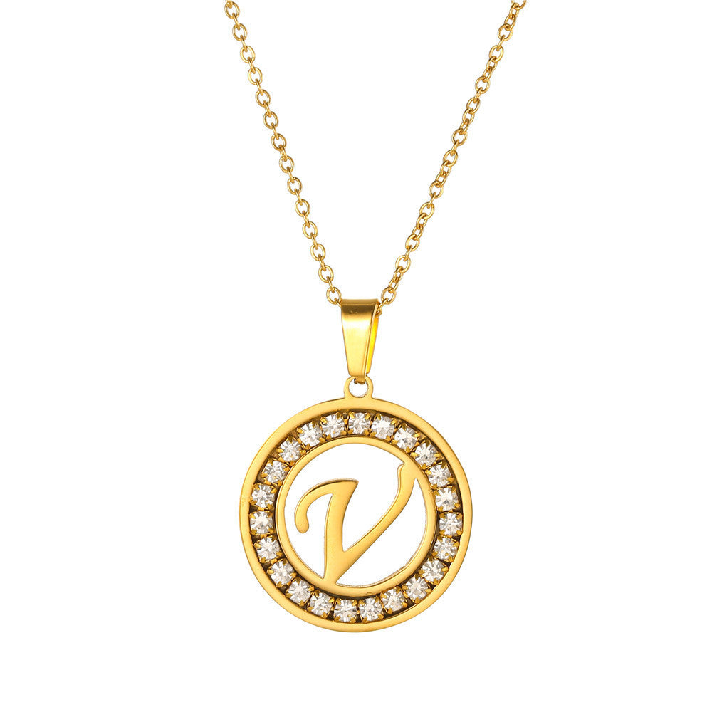 Minimalist Gold Plated Round Letter Rhinestone Inlay Pendant Necklace Titanium Steel Cable Chain