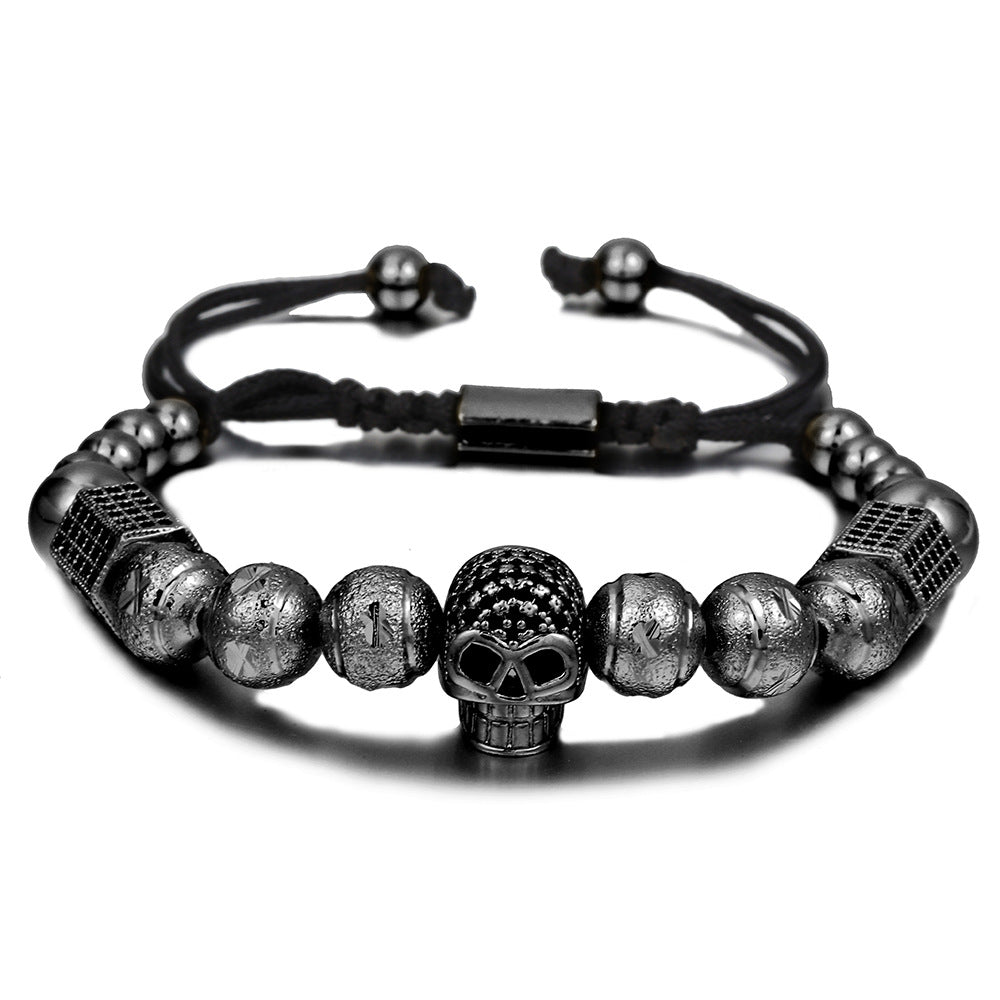 Adjustable Braided Skull Bracelet with Micro-Pave Zirconia for Men and Women, Geometric Design in Copper Hardware