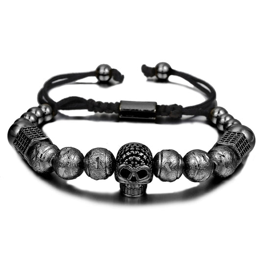 Adjustable Braided Skull Bracelet with Micro-Pave Zirconia for Men and Women, Geometric Design in Copper Hardware