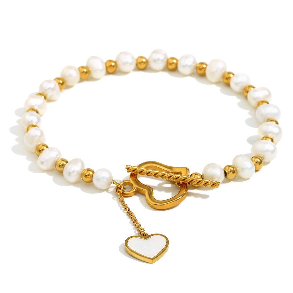 Minimalist Geometric Stainless Steel Plated 18K Gold Pearl Heart Clasp Bracelet for Women