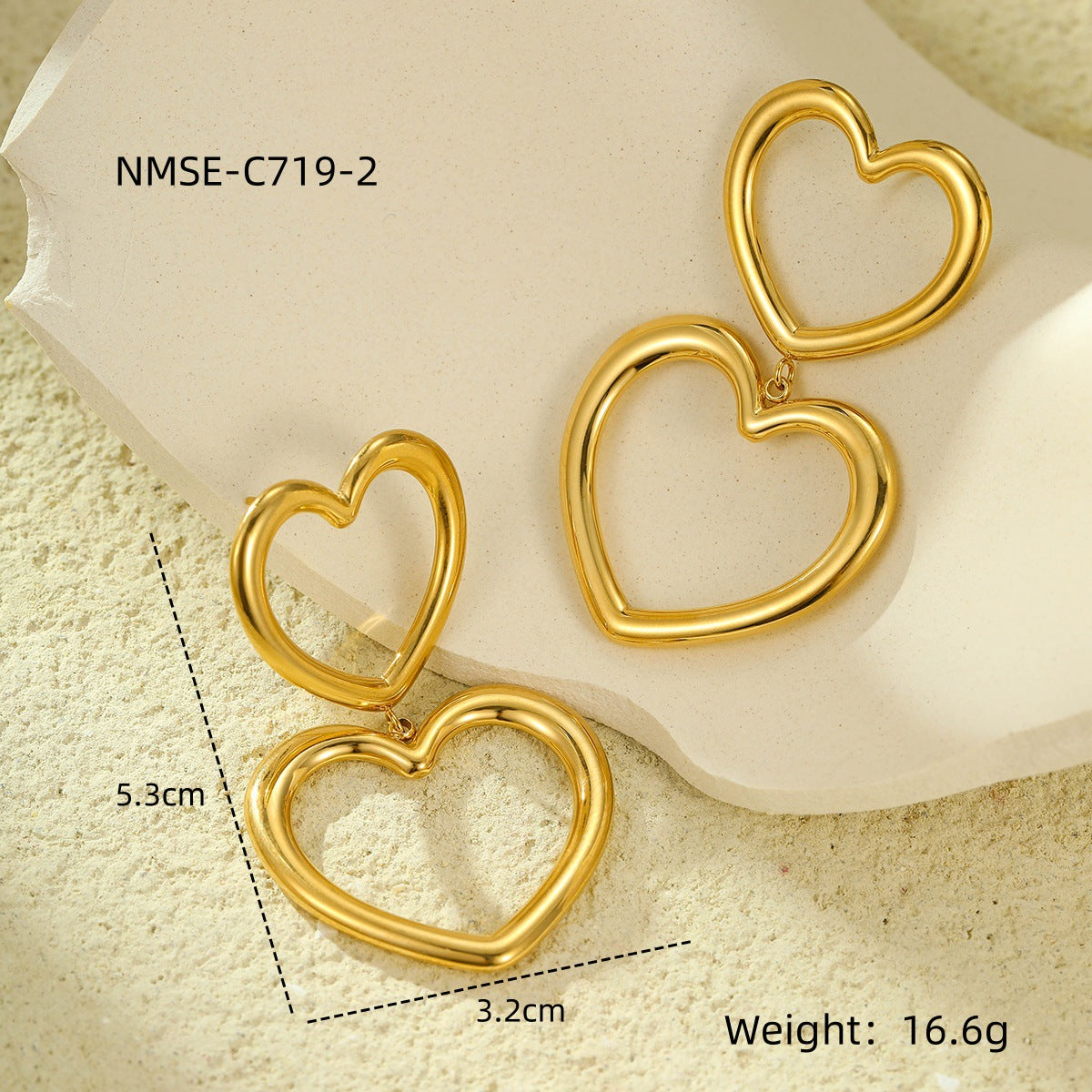 Orecchini pendenti a cuore cavo alla moda in stile OL in acciaio inossidabile con placcatura in oro 18 carati e dettaglio con frange