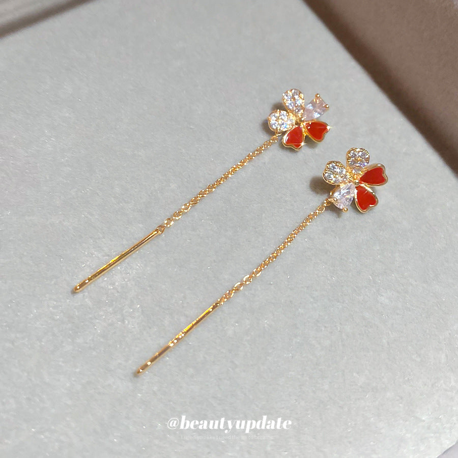 Orecchini Floreali Eleganti Vintage con Base in Rame Placcato Oro, Intarsio di Zirconi, Finitura Smaltata, Perni in Acciaio Inossidabile da Donna