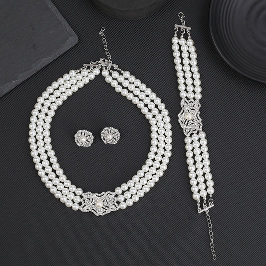 Juego de Collar Floral de Perlas con Acentos de Pedrería para Mujer que Incluye Collar, Pulsera y Pendientes