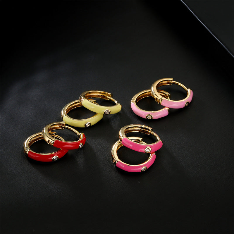 Colorful Drip Oil Cubic Zirconia Geometric Brass Gold Plated Hoop Earrings for Women
