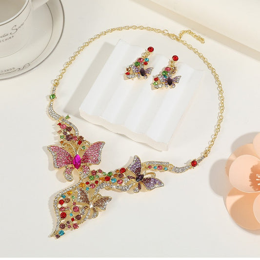 Sweet Elegant Butterfly Rhinestone Alloy Plated Necklace and Earring Set with Cable Chain for Women