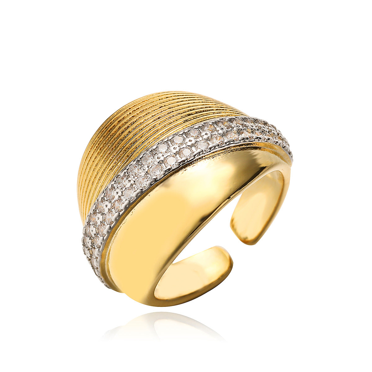 Two-Tone Plated Geometric Open Ring with Cubic Zirconia for Women