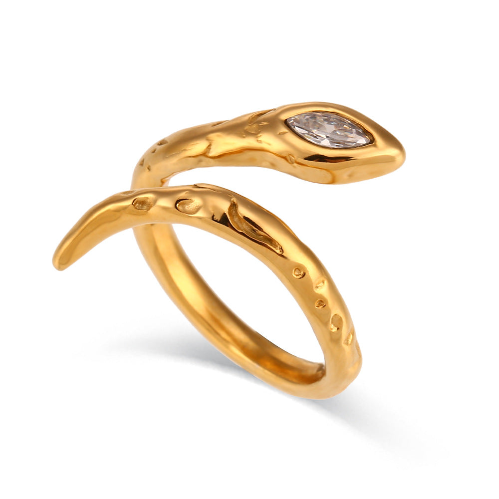 Anello Aperto a Forma di Serpente in Acciaio Inox Dorato con Geometria Minimalista da Donna