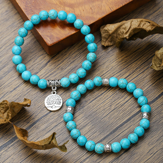 8mm Round Turquoise Alloy Bracelet Set Unisex World Tree Design
