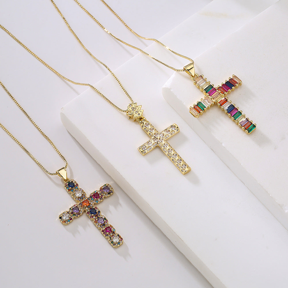 Minimalist Geometric Pendant Necklace for Women Made of Brass with Real Gold Plating and Rainbow Zircon Inlay