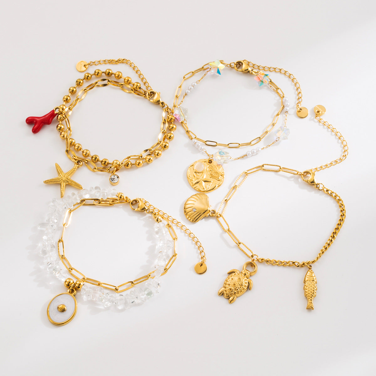 Pulsera de mujer con colgante de estrella de mar y tortuga estilo vacaciones en acero inoxidable con incrustaciones de diamantes de imitación