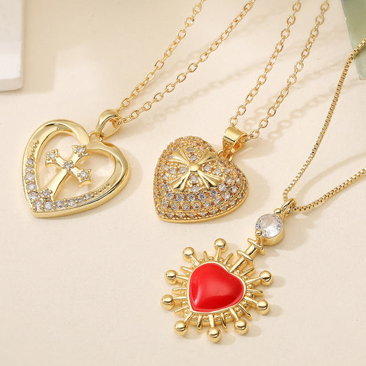 Minimalist 18K Gold Plated Brass Drip Oil Cross Heart Pendant Necklace with Cubic Zirconia
