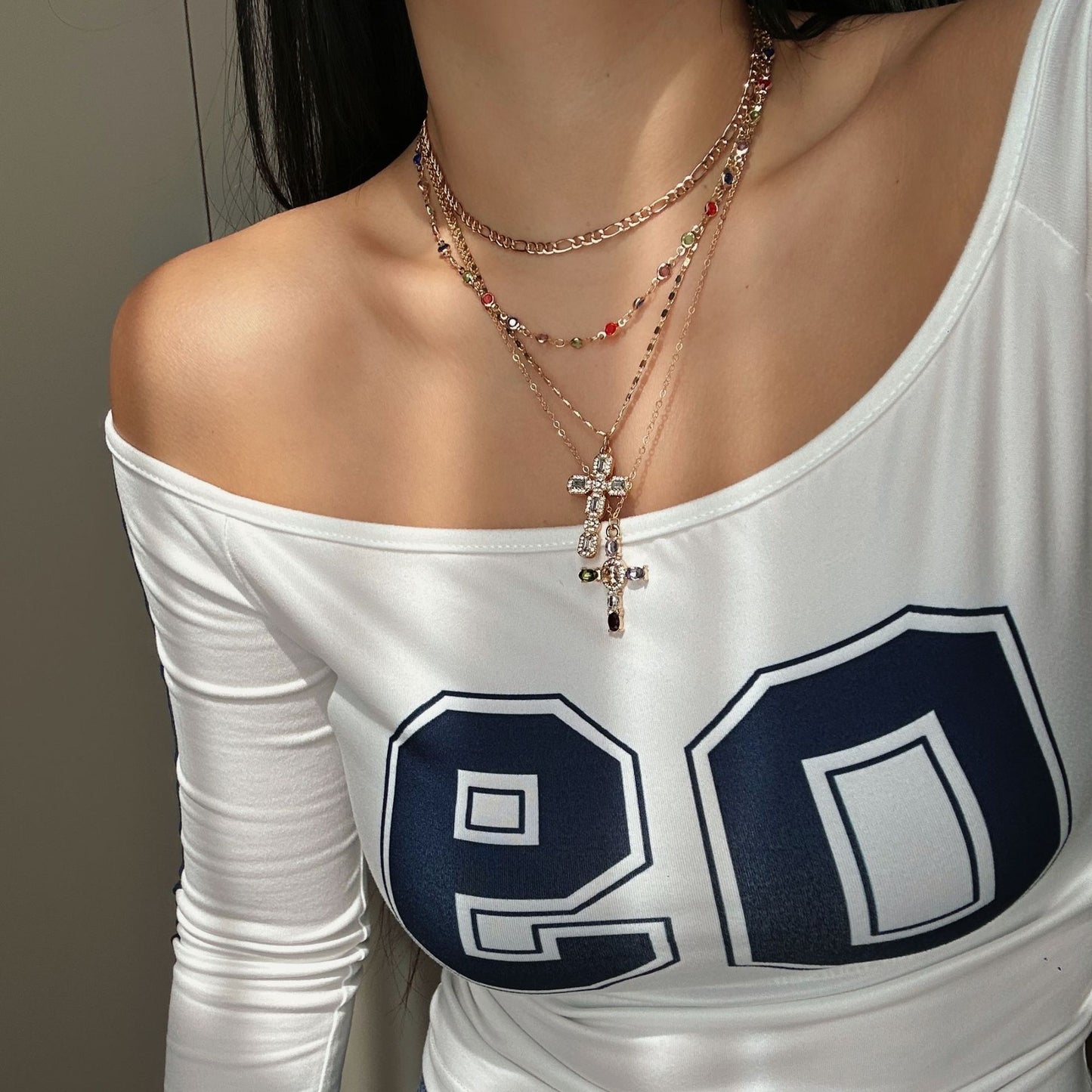 Hip-hop Casual Rhinestone Crystal Inlaid Cross Alloy Pendant Necklace Colorful Chain Set for Women