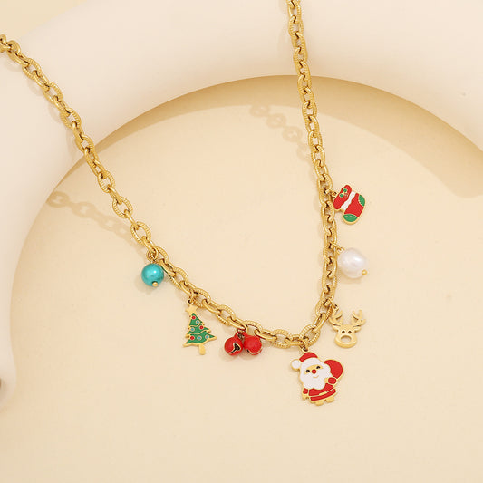 Collar Minimalista de Acero Inoxidable con Colgante de Reno Navideño y Acabado Galvanizado para Mujer