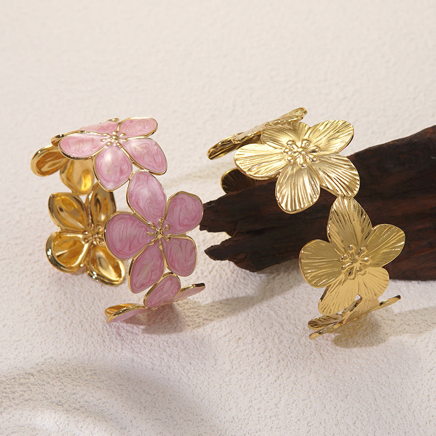 Elegant Floral Drip Oil Stainless Steel Flower Open Cuff Bracelet