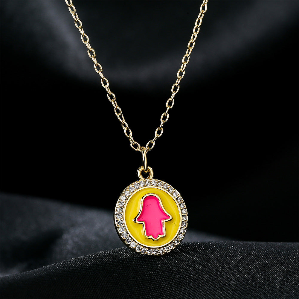 Geometric Round Drip Oil Brass Pendant Necklace with Cubic Zirconia for Women