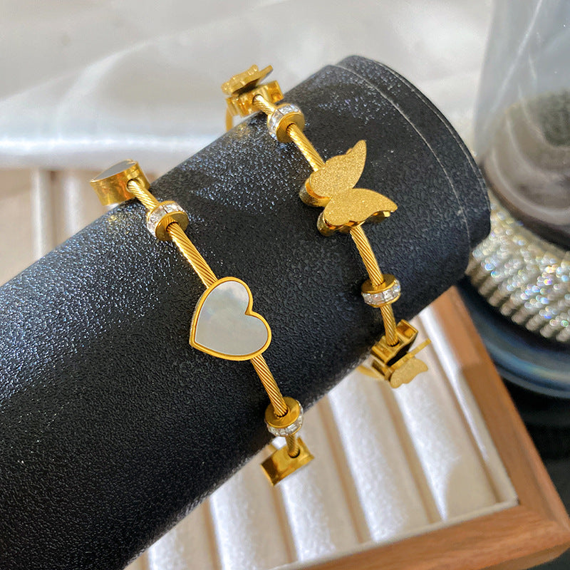 Sweet Heart Butterfly Plated Titanium Steel Bracelet for Women