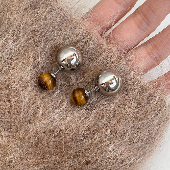 Pendientes de tuerca geométricos de ojo de tigre chapados en bronce mate para mujer, joyería de lujo minimalista artística vintage
