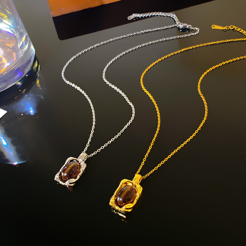 Minimalist Sweet Square Tiger's Eye Plated Titanium Steel Necklace Unisex Cable Chain