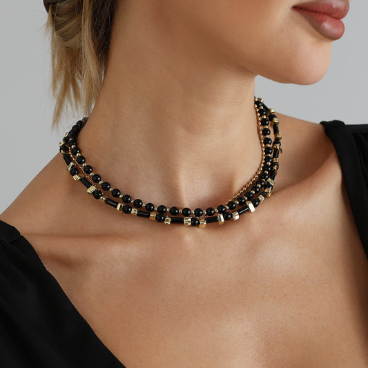 Vintage Black Gold Geometric Heart Alloy Layered Necklace for Women