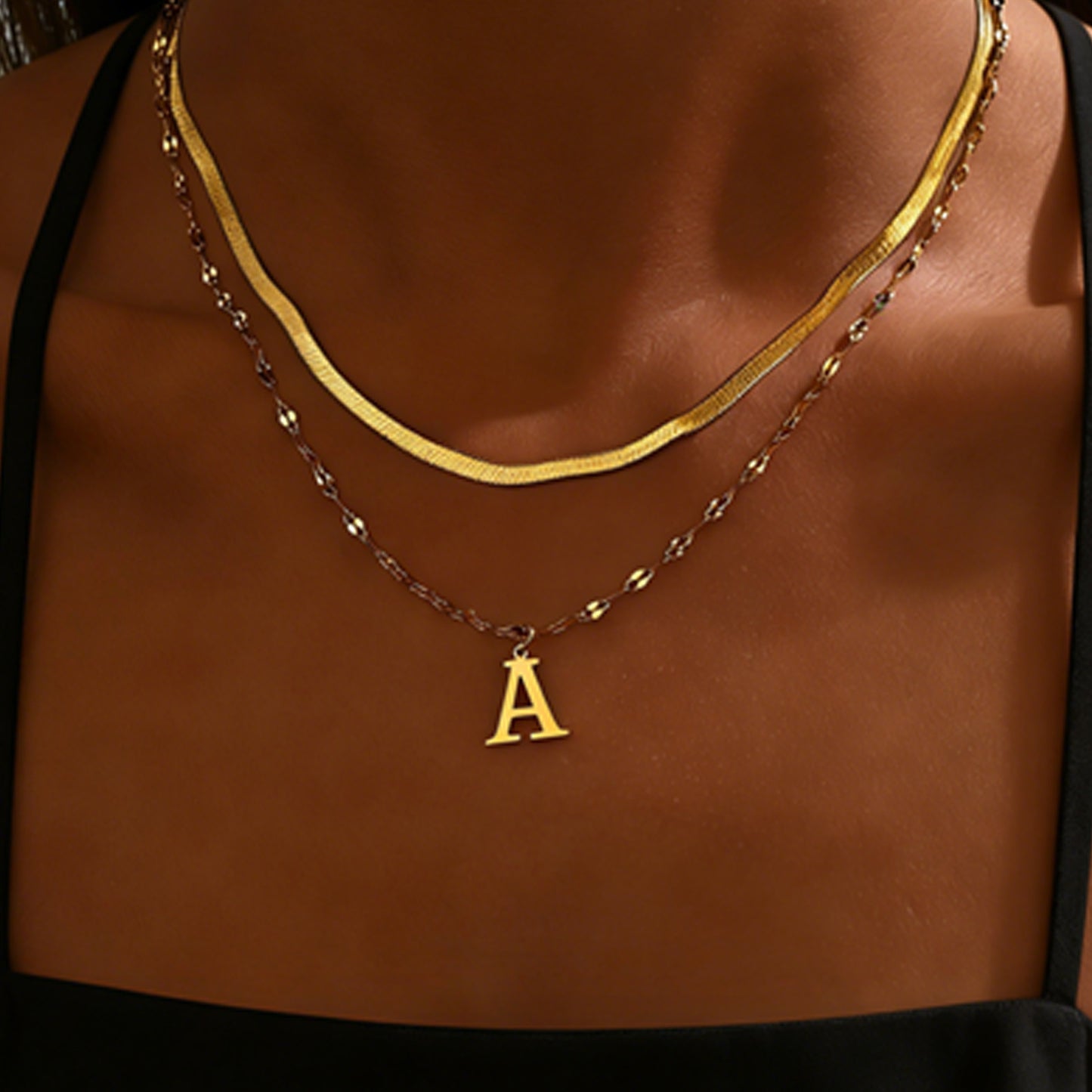 Elegant 18K Gold Plated Letter Stainless Steel Double Layer Necklace for Women