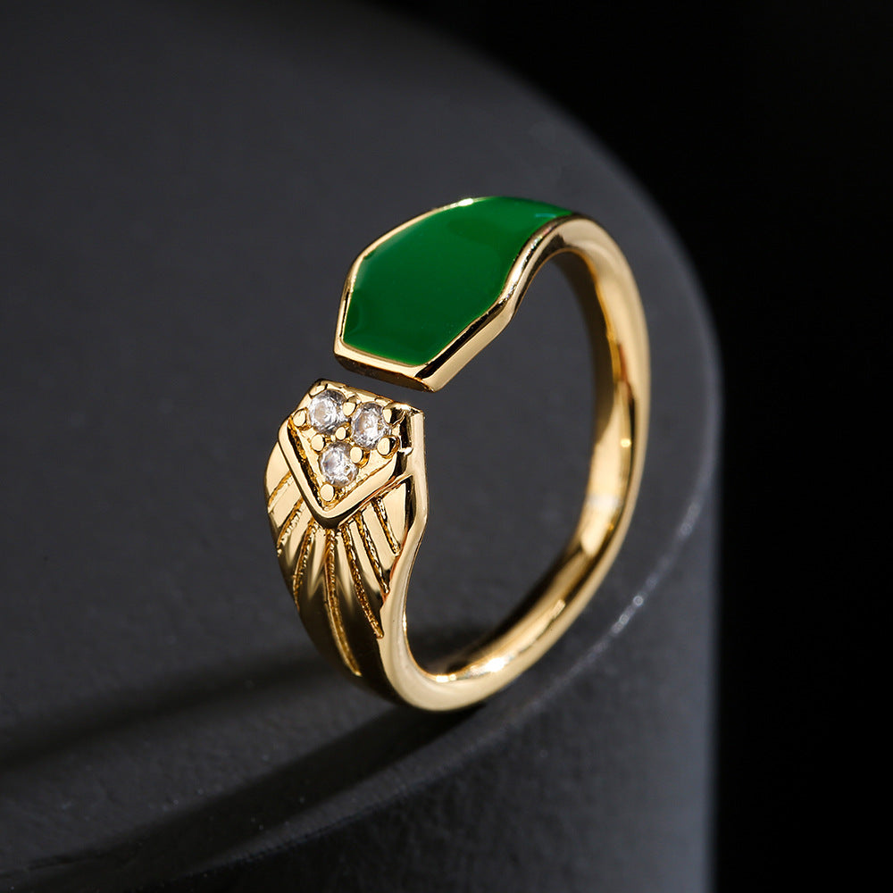 Minimalist Geometric Copper Ring with 18K Gold Plating and Colored Enamel Zirconia for Women