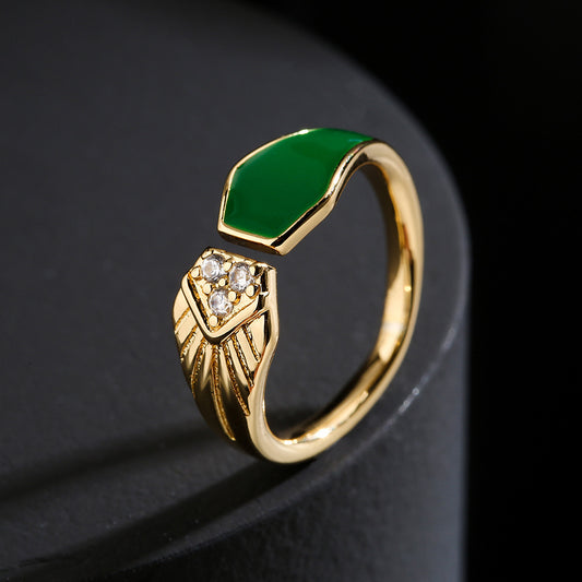 Minimalist Geometric Copper Ring with 18K Gold Plating and Colored Enamel Zirconia for Women