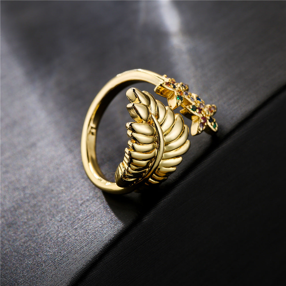 Bohemian Vintage Geometric Leaf Star Gold Plated Brass Ring for Women