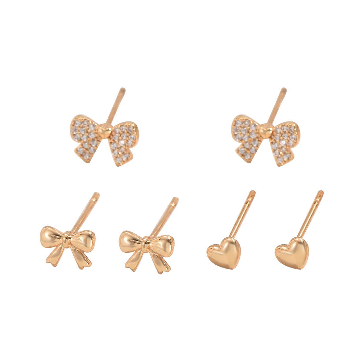 Orecchini a perno da donna minimalisti ispirati a Chanel con forme a cuore e fiocco in rame con intarsio di zirconi, design asimmetrico