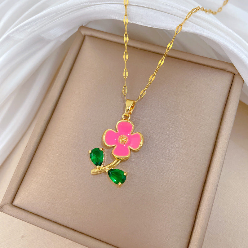 Sweet Elegant Geometric Floral Drip Oil Rhinestone Pendant Necklace Titanium Steel Cable Chain Unisex