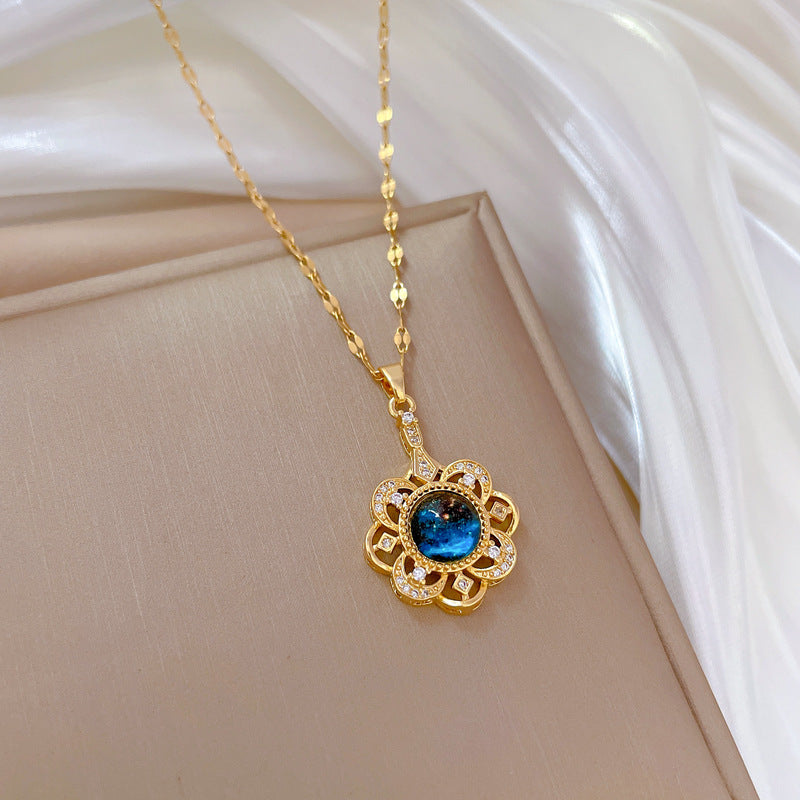 Luxury Starry Sky Floral Pendant Necklace for Women Titanium Steel Geometric Chain with Rhinestone Inlay Elegant Clavicle Necklace